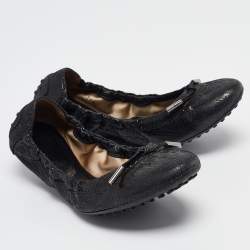 Tod's Metallic Black Textured Suede Scrunch Ballet Flats Size 37.5