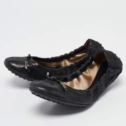 Tod's Metallic Black Textured Suede Scrunch Ballet Flats Size 37.5
