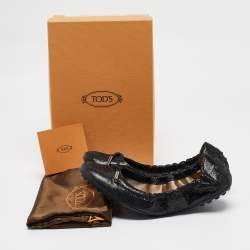 Tod's Metallic Black Textured Suede Scrunch Ballet Flats Size 37.5