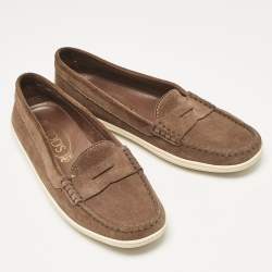 Tod's Khaki Brown Suede Penny Slip On Loafers Size 37.5