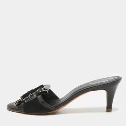 Tod's Black Patent Leather and Suede Fringe Slide Sandals Size 38.5