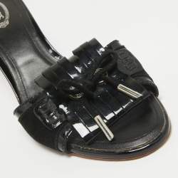 Tod's Black Patent Leather and Suede Fringe Slide Sandals Size 38.5
