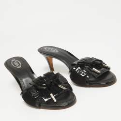Tod's Black Patent Leather and Suede Fringe Slide Sandals Size 38.5