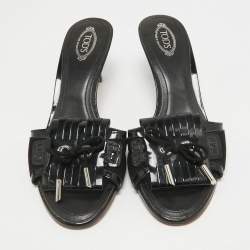 Tod's Black Patent Leather and Suede Fringe Slide Sandals Size 38.5
