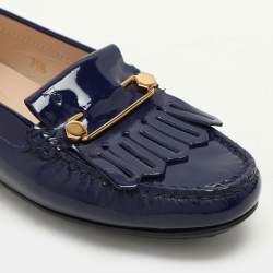 Tod's Blue Patent Leather Fringe Detail Loafers Size 35.5