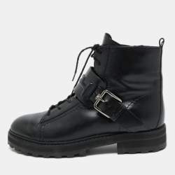Pre Owned Tod's Black Leather Buckle Accented Combat Ankle Length Boots Size 39