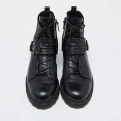 Pre Owned Tod's Black Leather Buckle Accented Combat Ankle Length Boots Size 39