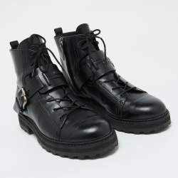 Pre Owned Tod's Black Leather Buckle Accented Combat Ankle Length Boots Size 39