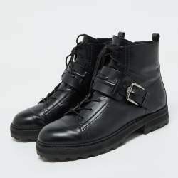 Pre Owned Tod's Black Leather Buckle Accented Combat Ankle Length Boots Size 39