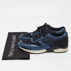Tod's Blue/Black Leather and Mesh Lace Up Sneakers Size 38.5