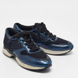 Tod's Blue/Black Leather and Mesh Lace Up Sneakers Size 38.5