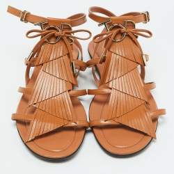 Tod's Tan Leather Fringe Logo Bow Flat Sandals Size 38.5