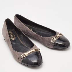 Tod's Grey/Black Suede and Patent Leather Cap Toe Ballet Flats Size 36.5