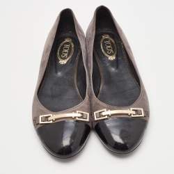 Tod's Grey/Black Suede and Patent Leather Cap Toe Ballet Flats Size 36.5