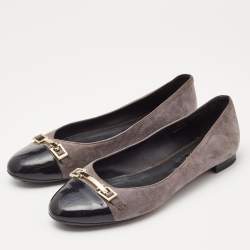 Tod's Grey/Black Suede and Patent Leather Cap Toe Ballet Flats Size 36.5