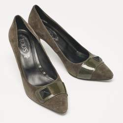 Tod's Grey/Olive Green Patent and Suede Pointed Toe Pumps Size 38