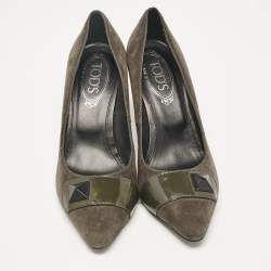 Tod's Grey/Olive Green Patent and Suede Pointed Toe Pumps Size 38