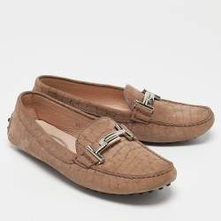 Tod's Brown Croc Embossed Leather Double T Loafers Size 37