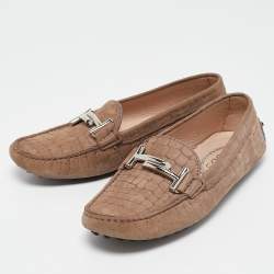 Tod's Brown Croc Embossed Leather Double T Loafers Size 37