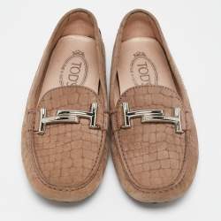 Tod's Brown Croc Embossed Leather Double T Loafers Size 37