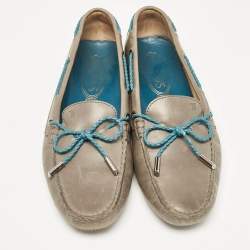 Pre Owned Tod's Grey/Blue Leather Braided Bow Slip On Loafers Size 40