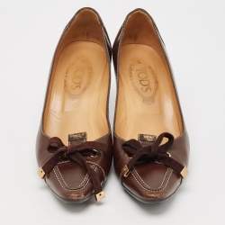 Pre Owned Tod's Brown Leather Bow Loafer Pumps Size 38.5