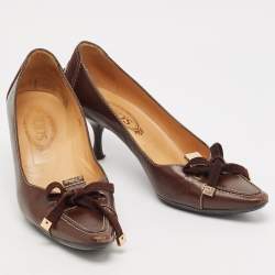 Pre Owned Tod's Brown Leather Bow Loafer Pumps Size 38.5
