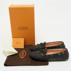 Pre Owned Tod's Black Leather Bow Driving Gommino Slip On Loafers Size 36