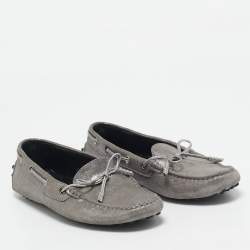 Tod's Grey/Silver Textured Suede Bow Slip On Loafers Size 38