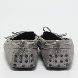 Tod's Grey/Silver Textured Suede Bow Slip On Loafers Size 38