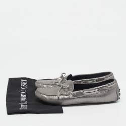 Tod's Grey/Silver Textured Suede Bow Slip On Loafers Size 38