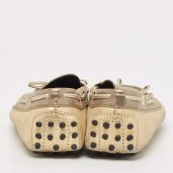 Tod's Grey/Gold Textured Suede Bow Slip On Loafers Size 38