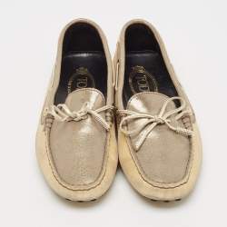 Tod's Grey/Gold Textured Suede Bow Slip On Loafers Size 38