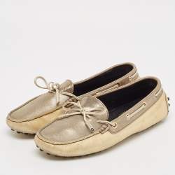 Tod's Grey/Gold Textured Suede Bow Slip On Loafers Size 38