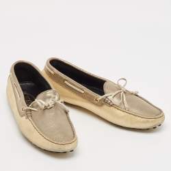Tod's Grey/Gold Textured Suede Bow Slip On Loafers Size 38