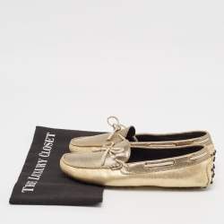 Tod's Grey/Gold Textured Suede Bow Slip On Loafers Size 38