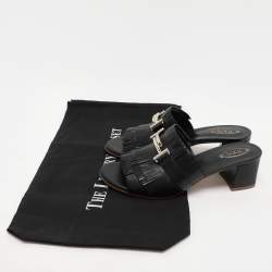 مملوكة مسبقًا Tod's Black Leather Double T Fringe Slide Sandals Size 39