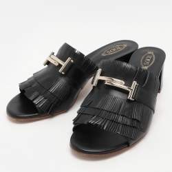 مملوكة مسبقًا Tod's Black Leather Double T Fringe Slide Sandals Size 39
