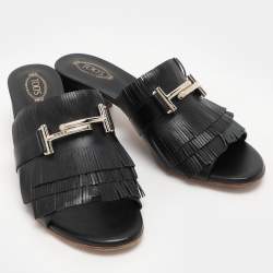 مملوكة مسبقًا Tod's Black Leather Double T Fringe Slide Sandals Size 39