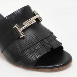 مملوكة مسبقًا Tod's Black Leather Double T Fringe Slide Sandals Size 39