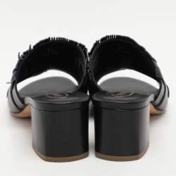 مملوكة مسبقًا Tod's Black Leather Double T Fringe Slide Sandals Size 39