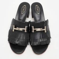 مملوكة مسبقًا Tod's Black Leather Double T Fringe Slide Sandals Size 39