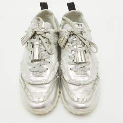 Tod's Silver Perforated Leather Low Top Sneakers Size 39.5