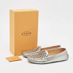 Tod's Silver Leather Studded Gommini Loafers Size 39.5