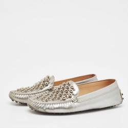 Tod's Silver Leather Studded Gommini Loafers Size 39.5