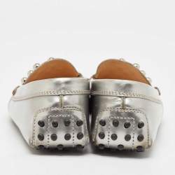 Tod's Silver Leather Studded Gommini Loafers Size 39.5