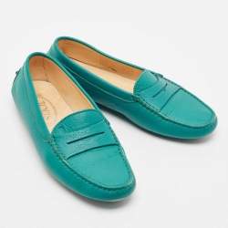 Pre Owned Tod's Green Leather Gommino Slip On Loafers Size 37