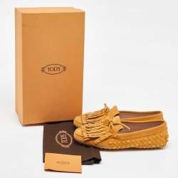 Tod's Yellow Suede Studded Fringe Bow Slip On Loafers Size 36