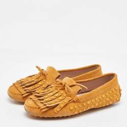 Tod's Yellow Suede Studded Fringe Bow Slip On Loafers Size 36
