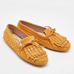 Tod's Yellow Suede Studded Fringe Bow Slip On Loafers Size 36